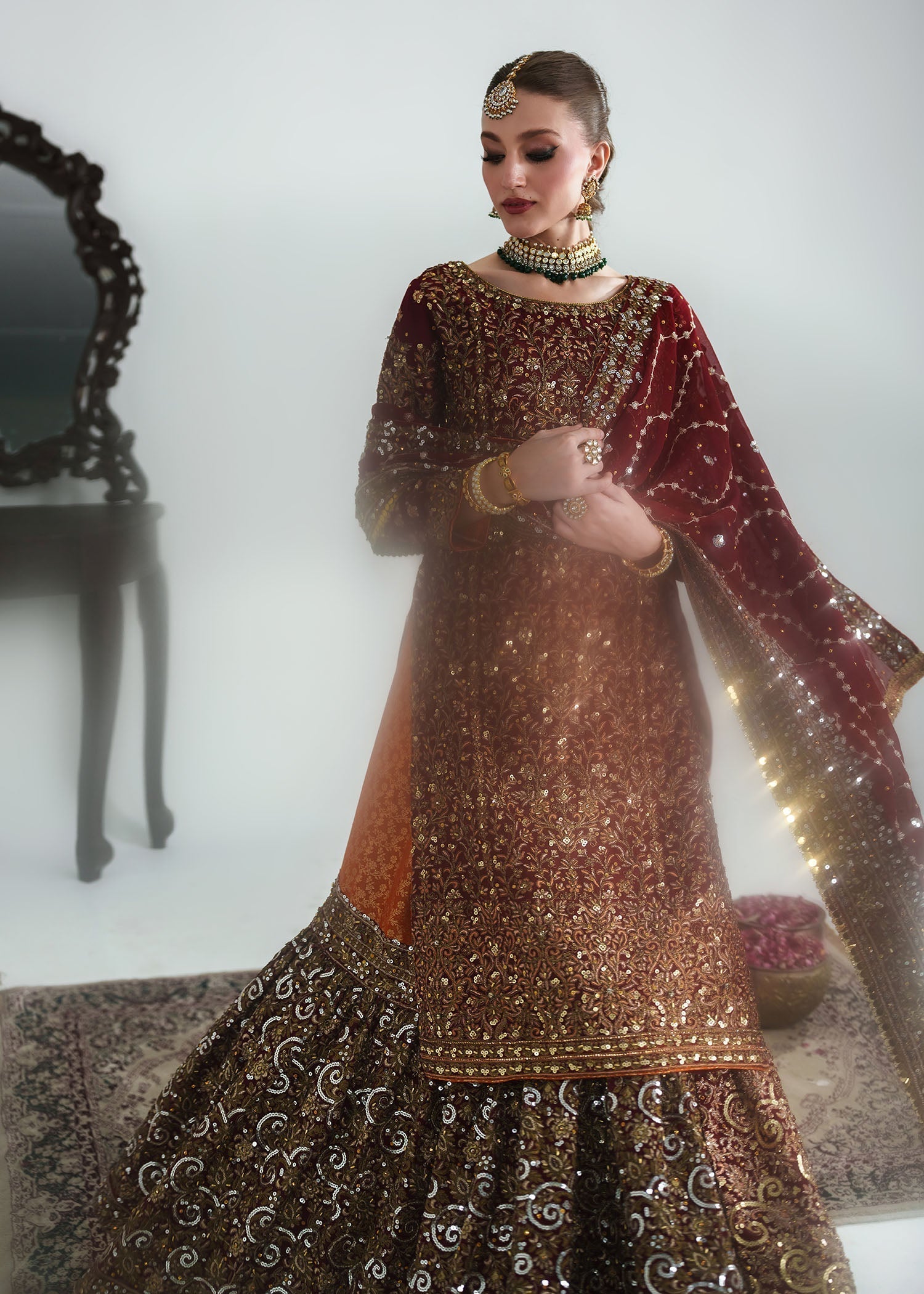 Maroon Red Embellished Chiffon Wedding Outfit Online in Dubai DXB UAE Abudhabi Meena Bazaar