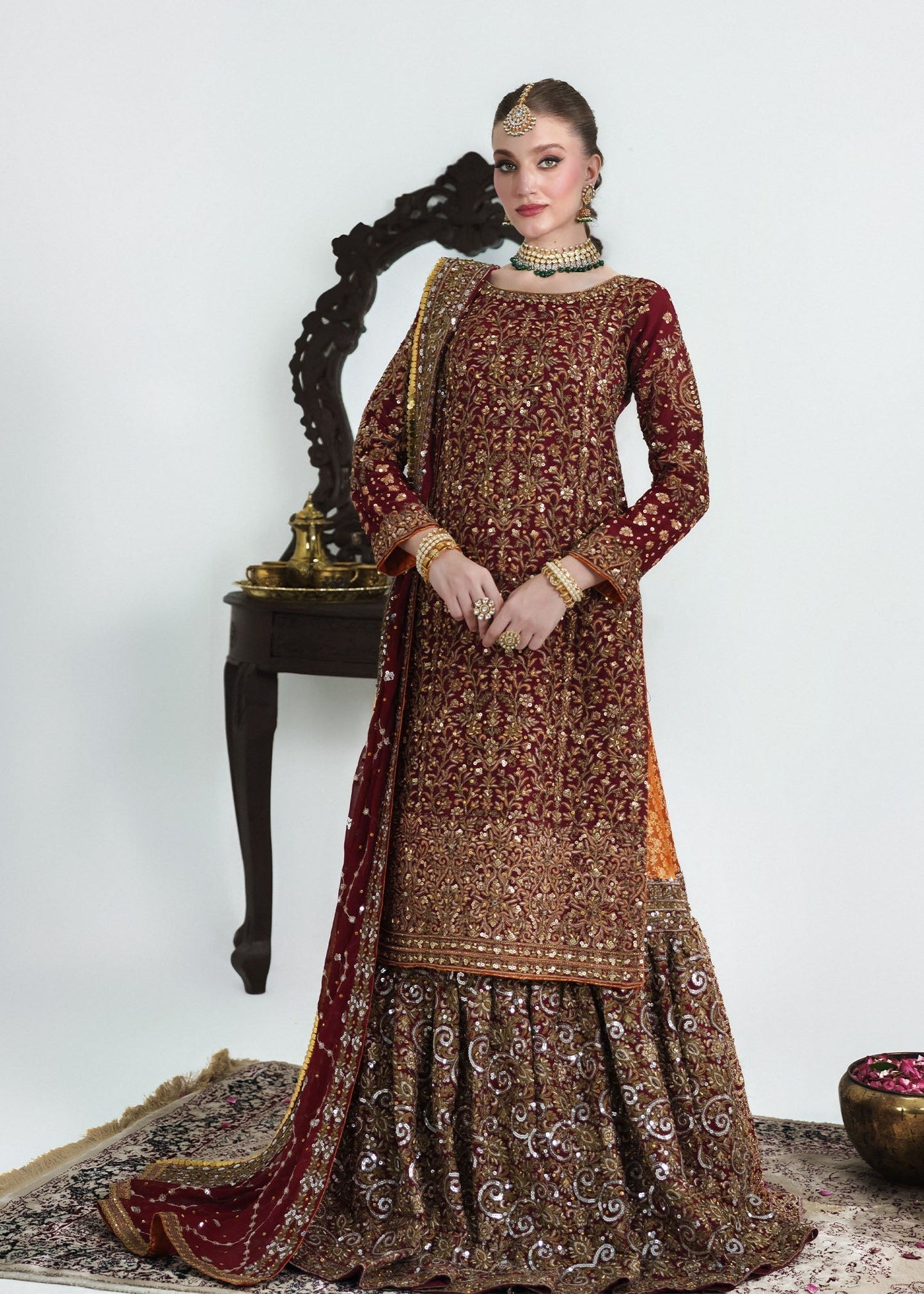 Maroon Red Embellished Chiffon Wedding Outfit Online in Dubai DXB UAE Abudhabi Meena Bazaar