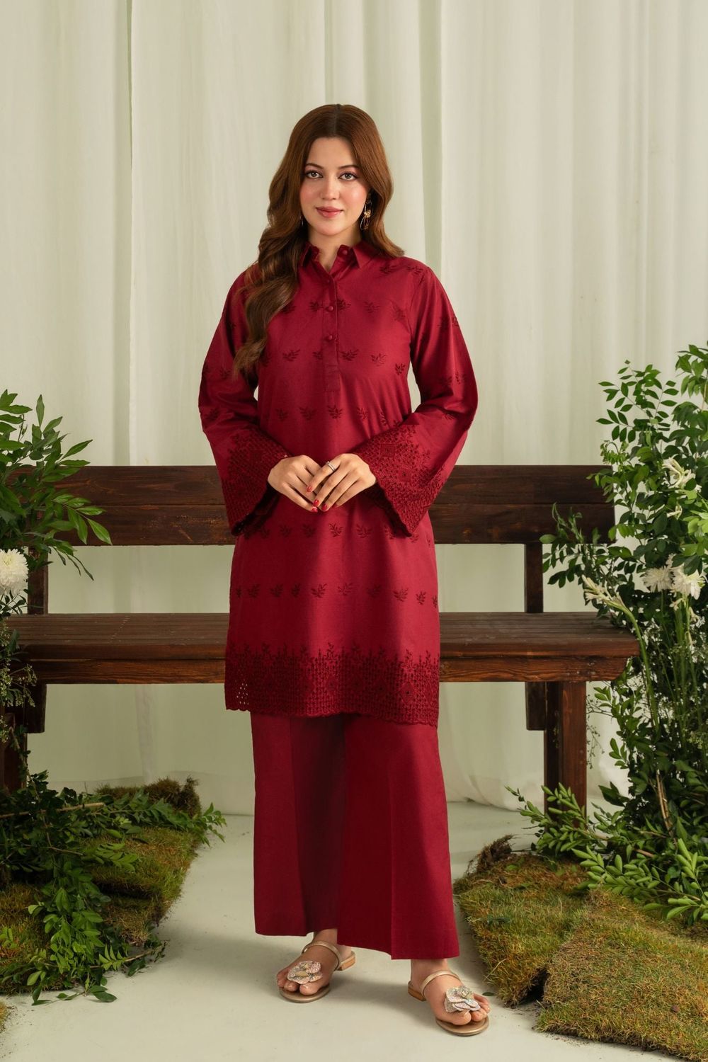 Maroon Schiffli Embroidered Cambric Tunic Kurta Set Online in Dubai UAE Abudhabi Ajman Sharjah
