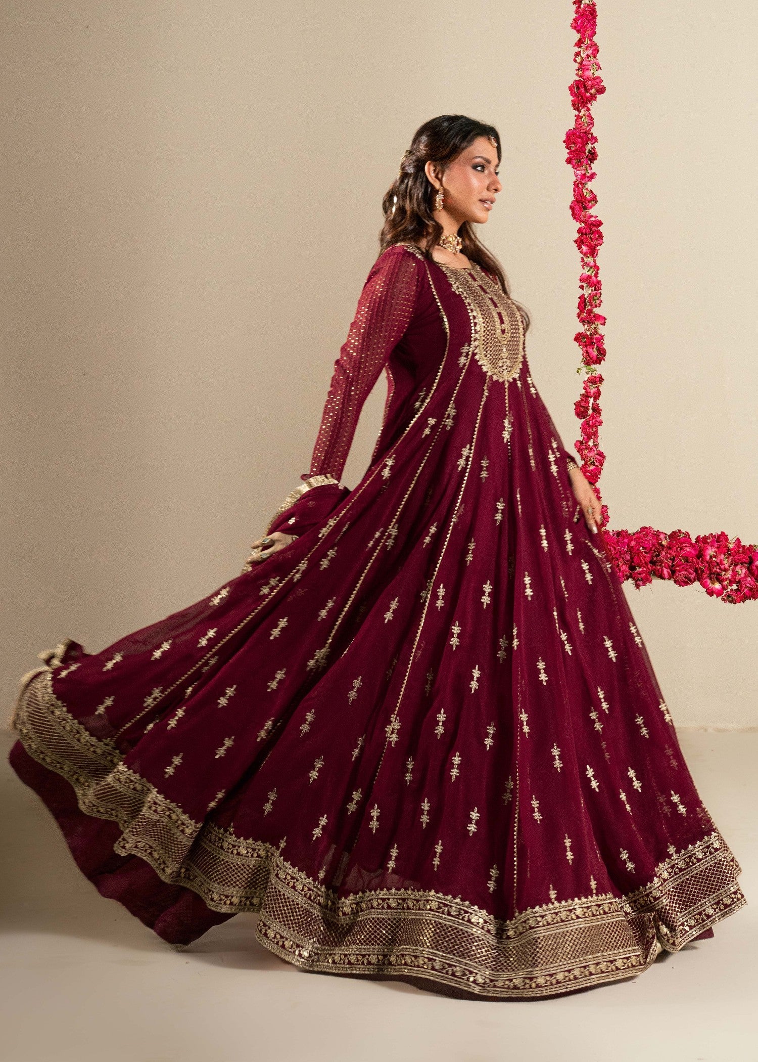 Maroon Sequin Embroidered Chiffon Suit Online in Dubai UAE Abudhabi Ajman Sharjah