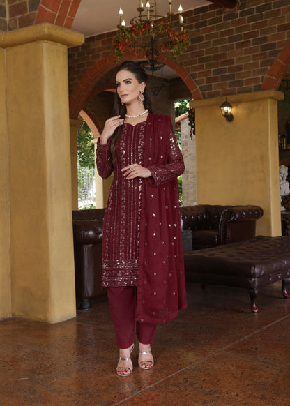 Maroon Slim Fit Chiffon Kurta with Trouser Online in KSA Riyadh Saudi Arabia Oman Bahrain Qatar