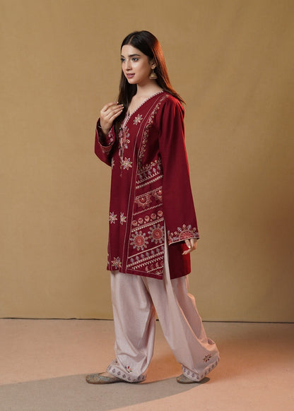 Maroon Slub Khaddar Embroidered Kurta Set Online in Dubai DXB UAE Abudhabi Meena Bazaar