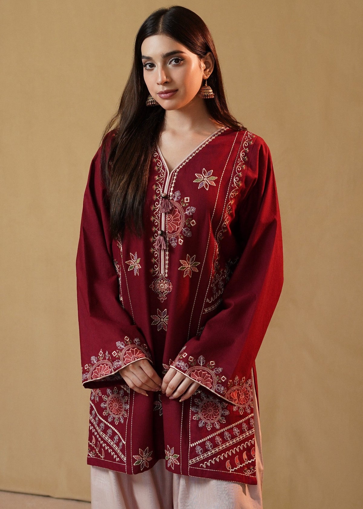 Maroon Slub Khaddar Kurta Set Stitched Pakistani Clothes Online in Dubai UAE Abudhabi Ajman Sharjah