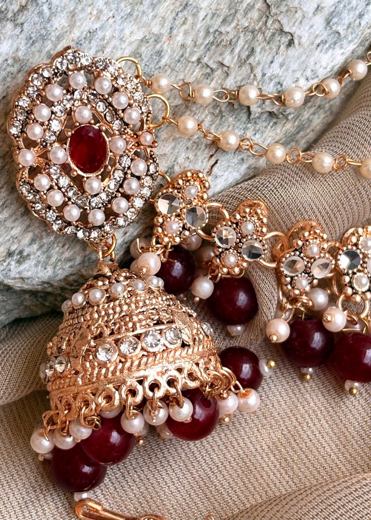 Maroon Stone Jhumka Earrings for Bridal Looks Online in KSA Riyadh Saudi Arabia Oman Bahrain Qatar
