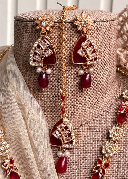 Maroon Stone Work Bridal Jewellery Set Online in UK USA Canada