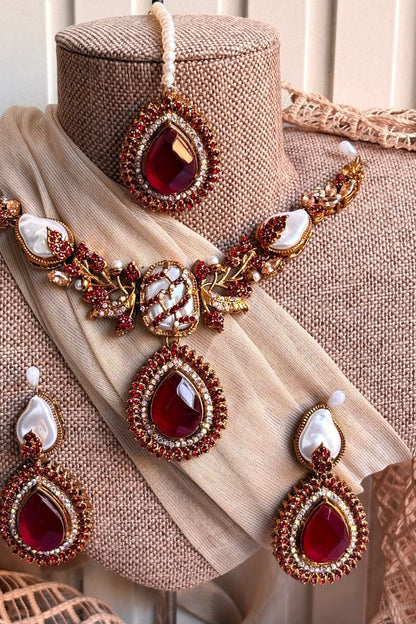 Maroon Stone Work Jewellery Set Online in Dubai UAE Abudhabi Ajman Sharjah