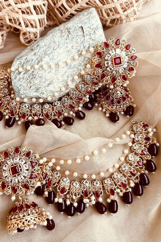 Maroon Stone Work Jhumki Earrings Online in Dubai UAE Abudhabi Ajman Sharjah