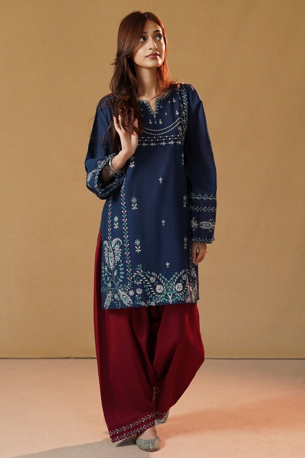 Maroon Teal Embroidered Slub Khaddar Online in Dubai UAE Abudhabi Ajman Sharjah