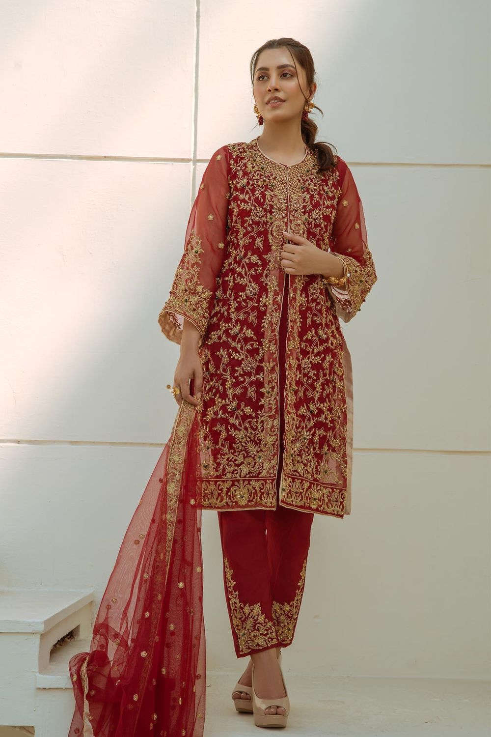 Maroon Tilla Embellished Organza Jacket Suit Online in Dubai UAE Abudhabi Ajman Sharjah