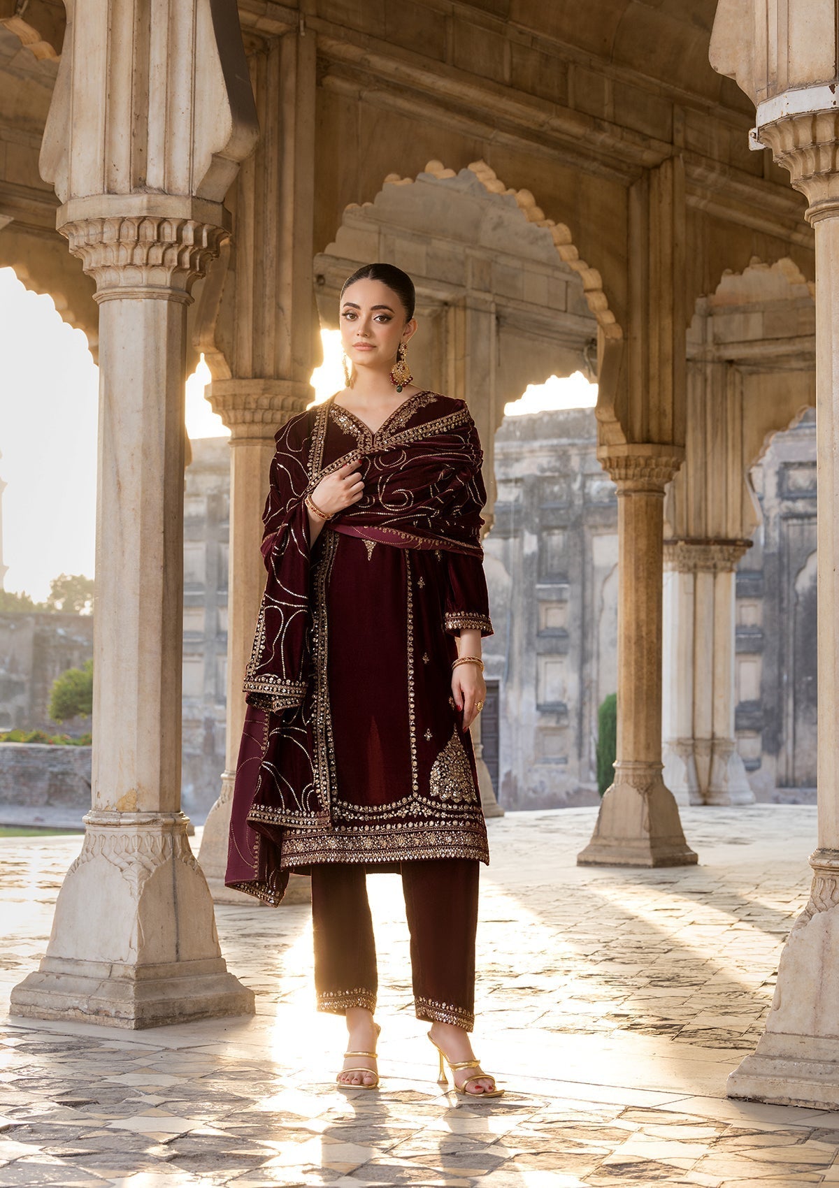 Maroon Velvet Embroidered Designer Salwar Suit Online in UK USA Canada