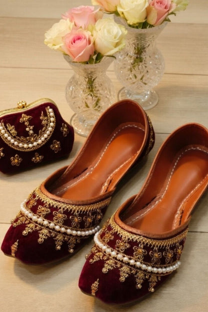 Maroon Velvet Embroidered Khussa Online in Dubai UAE Abudhabi Ajman Sharjah