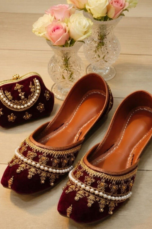 Maroon Velvet Embroidered Khussa Online in Dubai UAE Abudhabi Ajman Sharjah