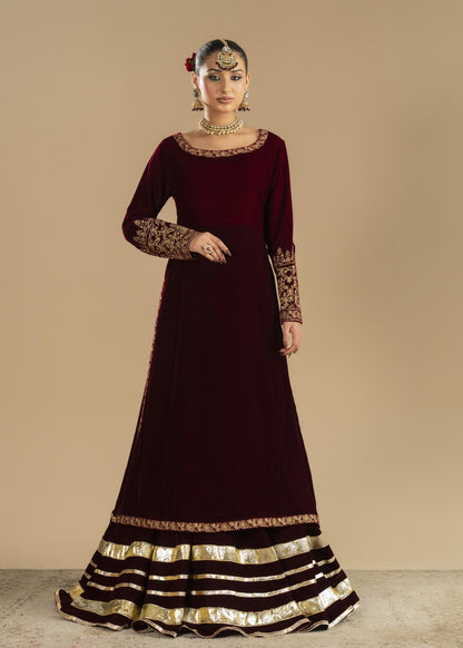Maroon Velvet Embroidered Lehenga Choli Online in Dubai UAE Abudhabi Ajman Sharjah