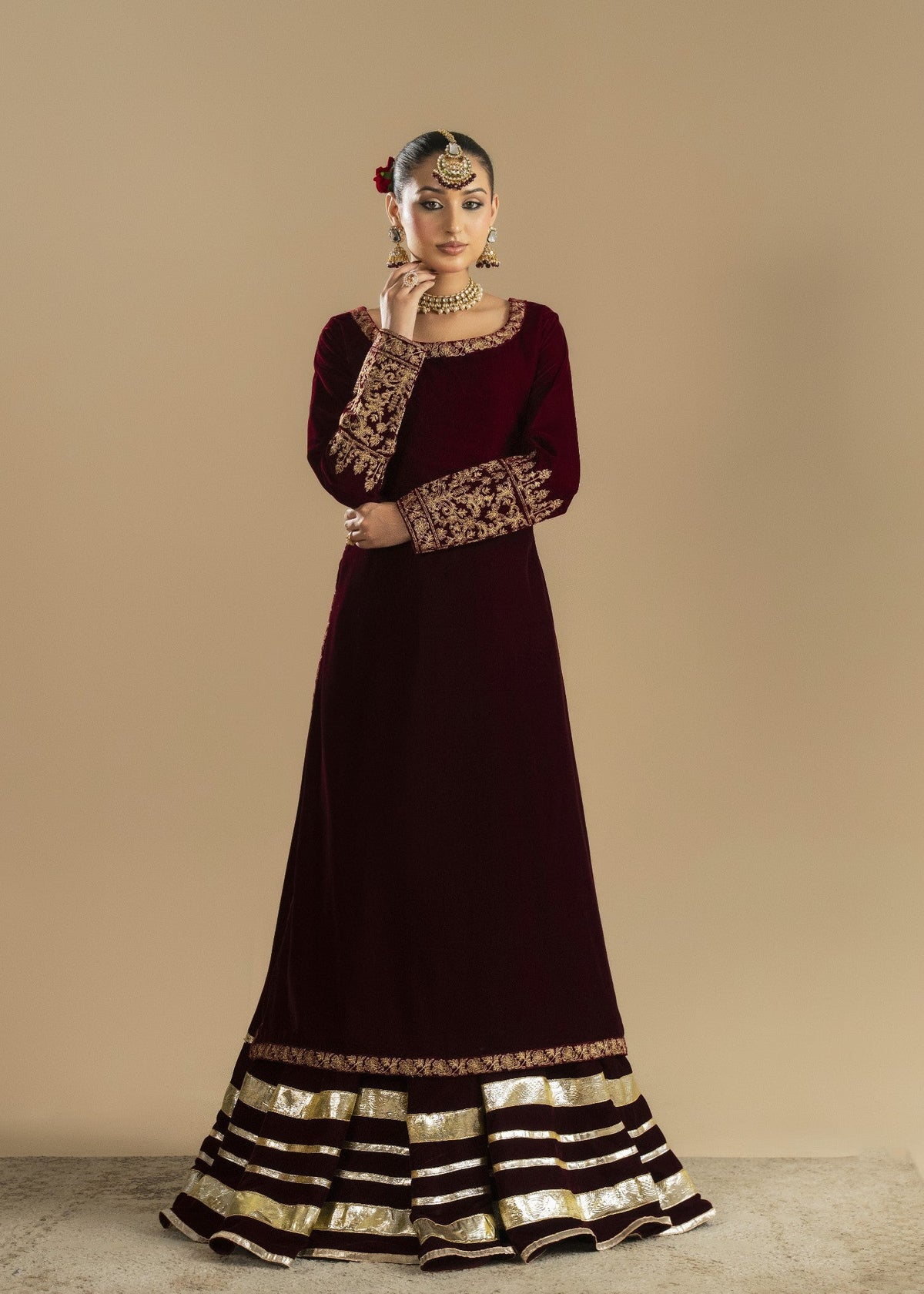 Maroon Velvet Embroidered Lehenga Choli Online in KSA Riyadh Saudi Arabia Oman Bahrain Qatar