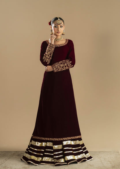 Maroon Velvet Embroidered Lehenga Choli Online in KSA Riyadh Saudi Arabia Oman Bahrain Qatar