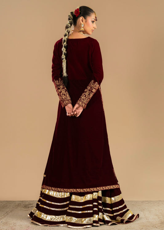 Maroon Velvet Embroidered Lehenga Choli Online in Sri Lanka India Australia