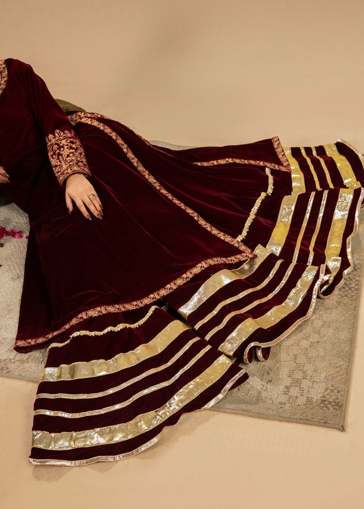 Maroon Velvet Embroidered Lehenga Choli Online in UK USA Canada