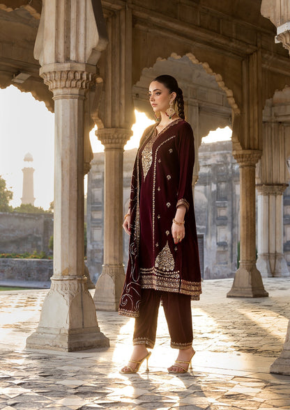 Maroon Velvet Embroidered Pakistani Designer Suit Online in Dubai UAE Abudhabi Ajman Sharjah