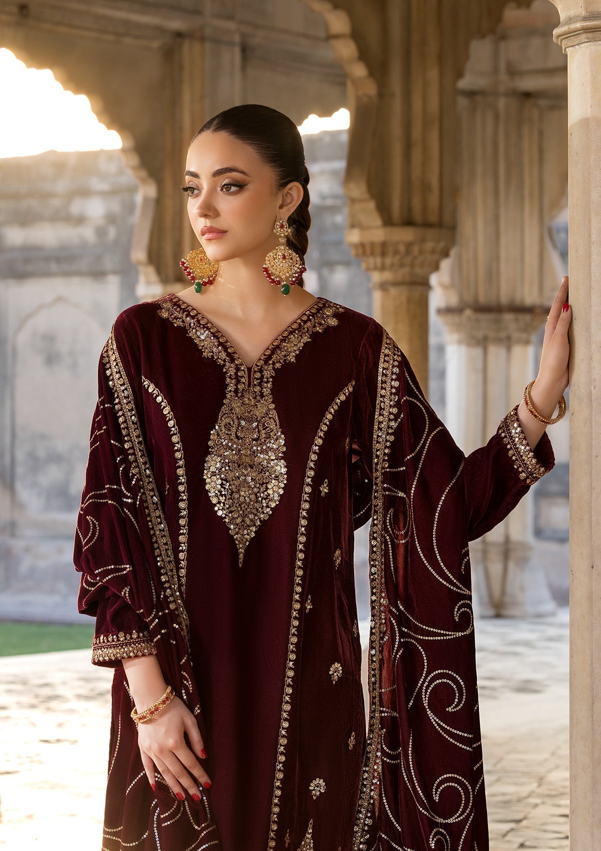 Maroon Velvet Embroidered Pakistani Suit Online in UK USA Canada
