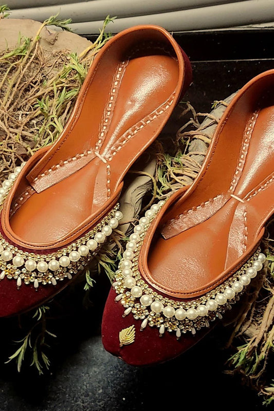 Maroon Velvet Hand Embroidered Khussa Online in Dubai UAE Abudhabi Ajman Sharjah