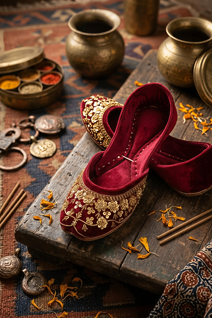Maroon Velvet Khussa Ladies Ethnic Shoes Online in Dubai UAE Abudhabi Ajman Sharjah