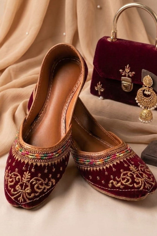 Maroon Velvet Khussa Shoes Online in Dubai UAE Abudhabi Ajman Sharjah