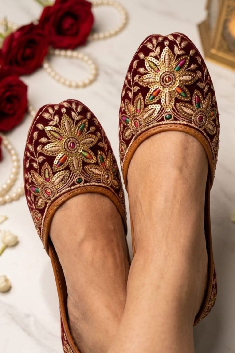 Maroon Velvet Khussa Shoes Online in Dubai UAE Abudhabi Ajman Sharjah