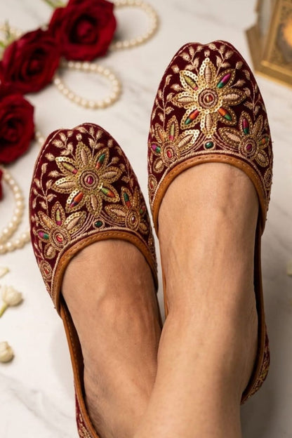 Maroon Velvet Khussa Shoes Online in Dubai UAE Abudhabi Ajman Sharjah