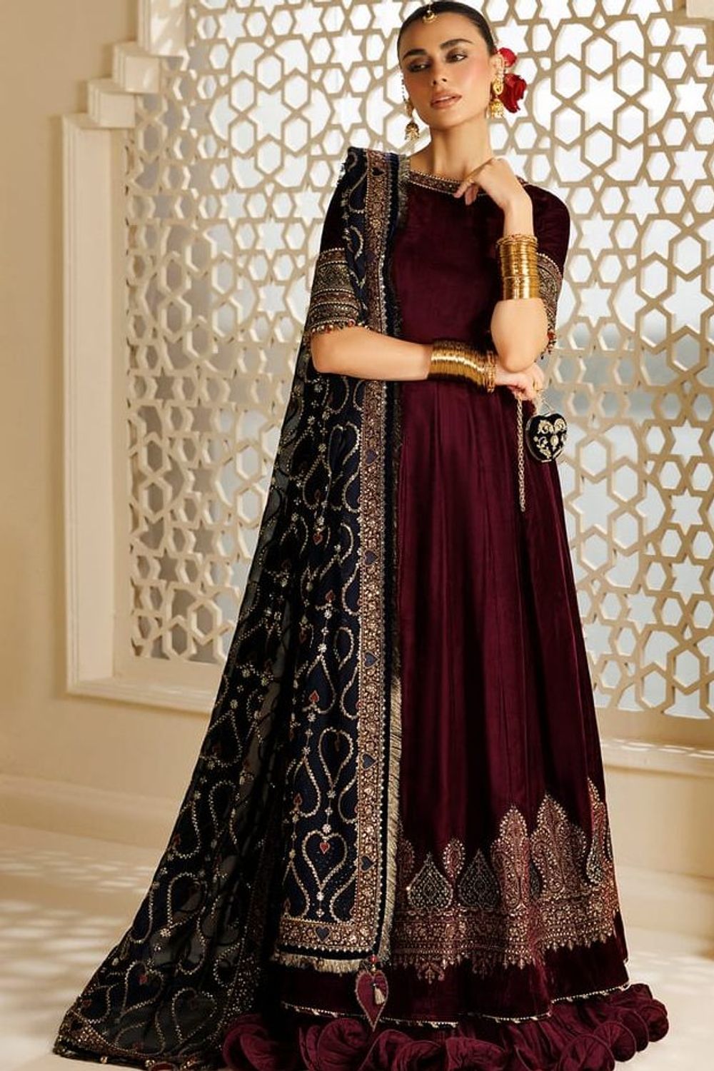 Maroon Velvet Maxi Pakistani Suit Online in Dubai UAE Abudhabi Ajman Sharjah