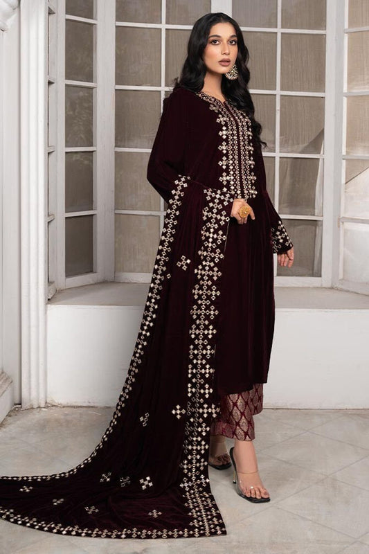 Maroon Velvet Mirror Work Party Wear Suit Online in Dubai UAE Abudhabi Ajman Sharjah