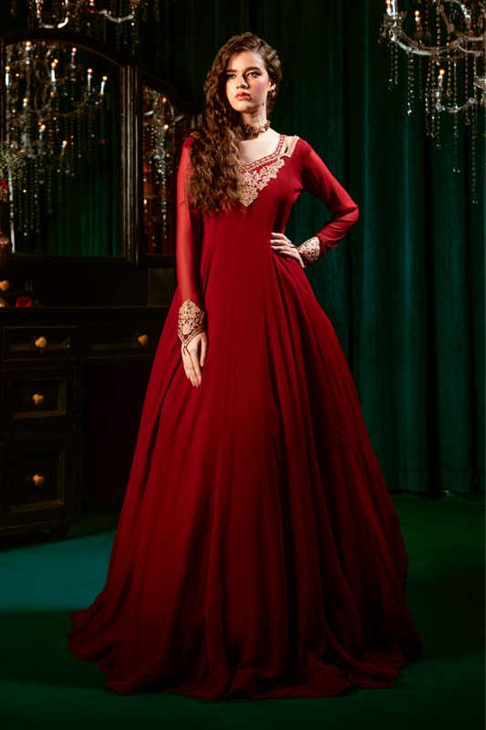 Maroon Zari Resham Sequin Chiffon Festive Wear Online in Sri Lanka India Australia