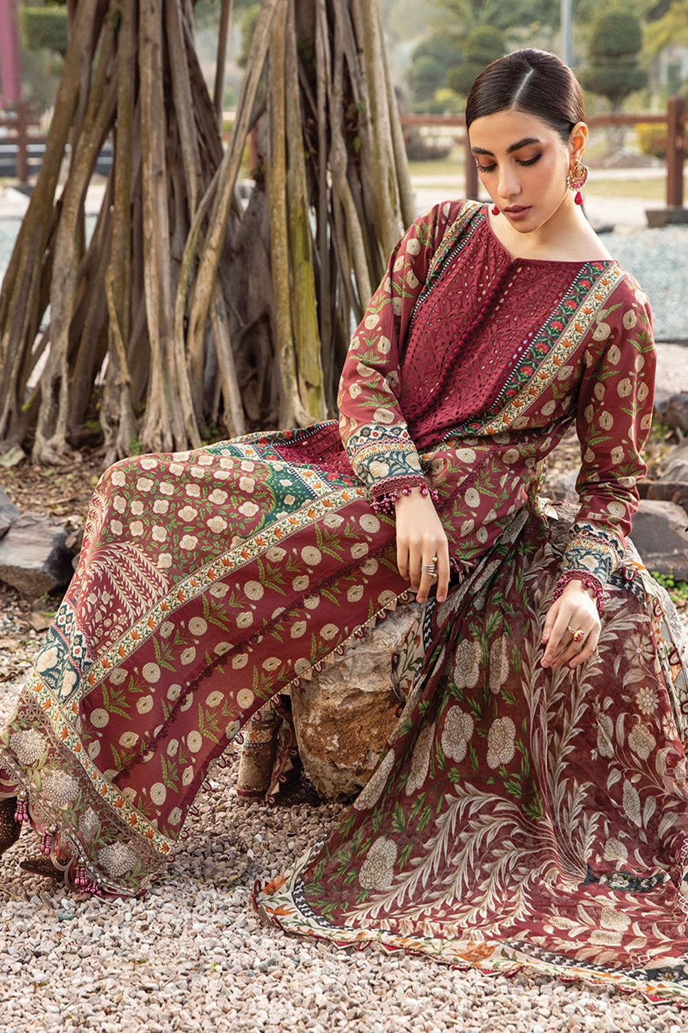 Maroon Lawn Suit with Chiffon Dupatta