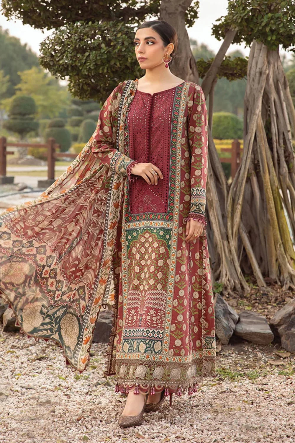 Maroon Lawn Suit with Chiffon Dupatta