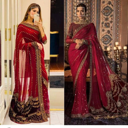 Maroon Chiffon & Velvet Wedding Saree