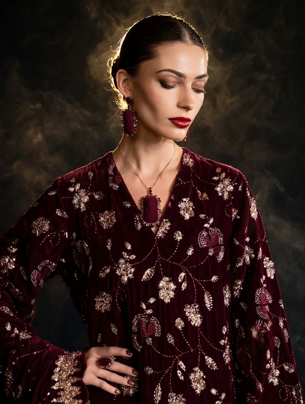Maroon Velvet Suit with Heavy Cutdana Work