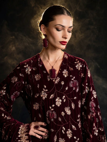 Maroon Velvet Suit with Heavy Cutdana Work