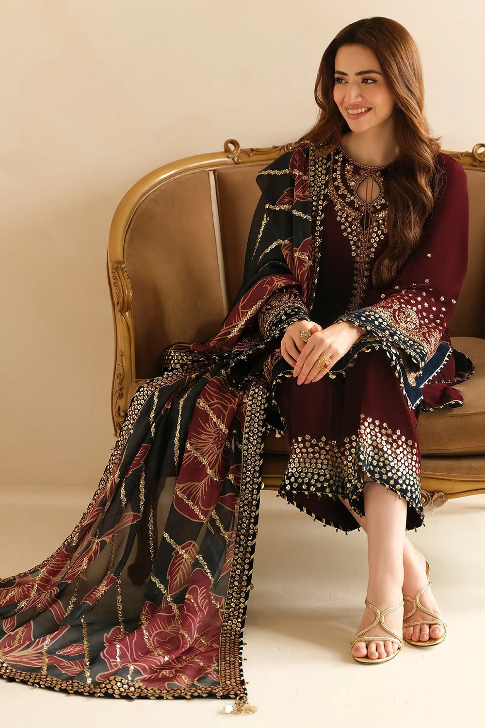 Maroon Pure Micro Velvet Embroidered Suit