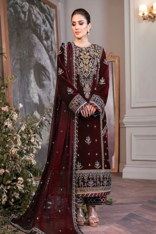 Maroon Embroidered Velvet Suit