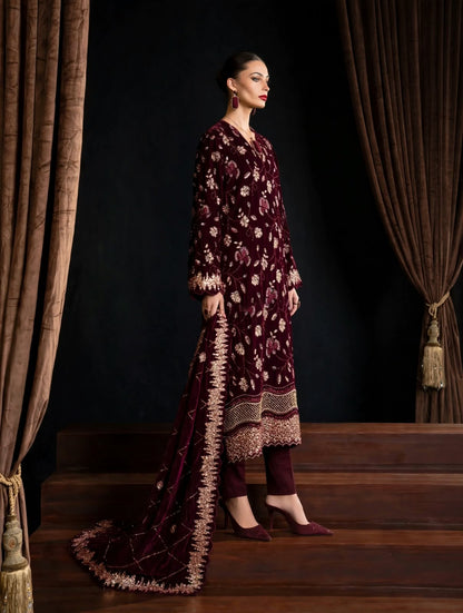 Maroon Velvet Suit with Heavy Cutdana Work