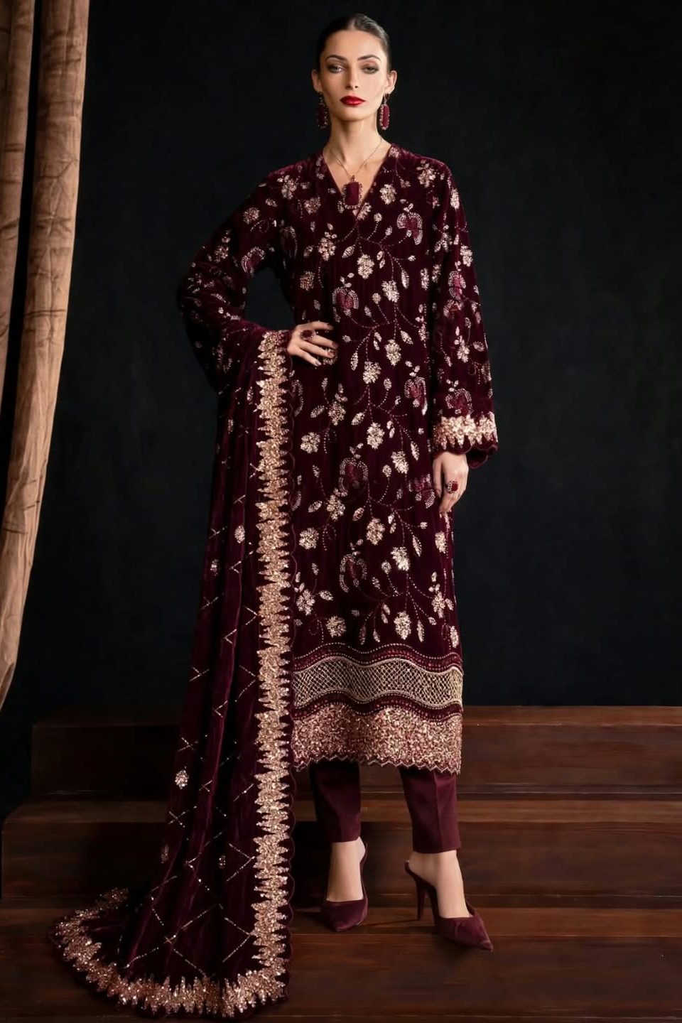 Maroon Velvet Suit with Heavy Cutdana Work