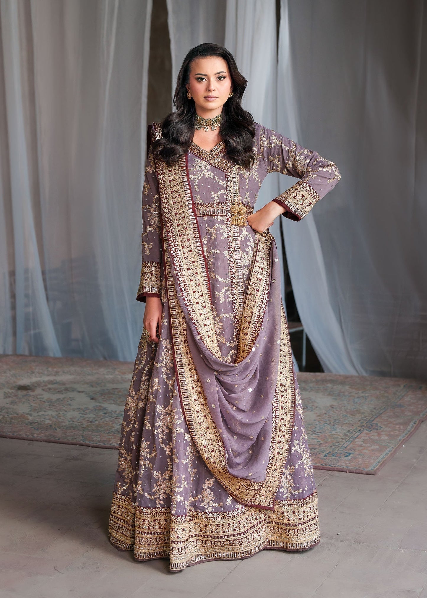 Mauve Chiffon Three Piece Dress Material Online in Sri Lanka India Australia