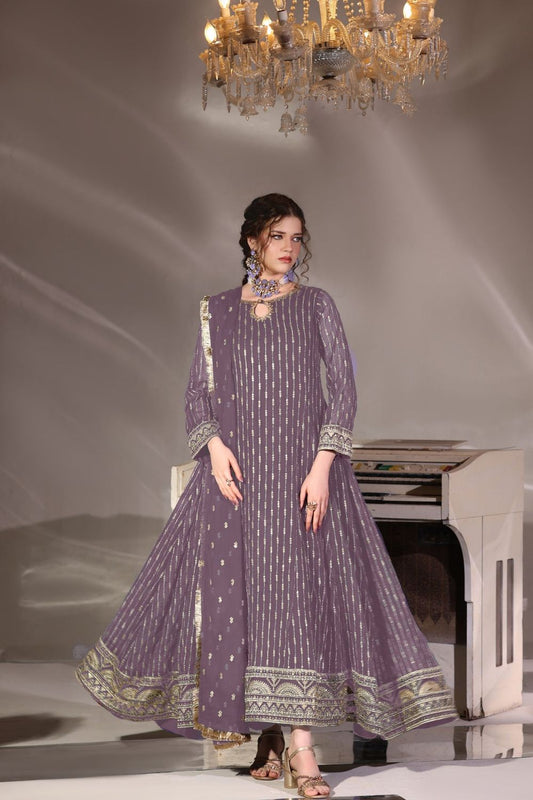 Mauve Embroidered Chiffon Flared Pishwas Partywear Suit Online in Dubai UAE Abudhabi Ajman Sharjah
