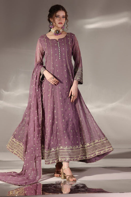 Mauve Embroidered Chiffon Flared Pishwas Suit Online in Dubai UAE Abudhabi Ajman Sharjah