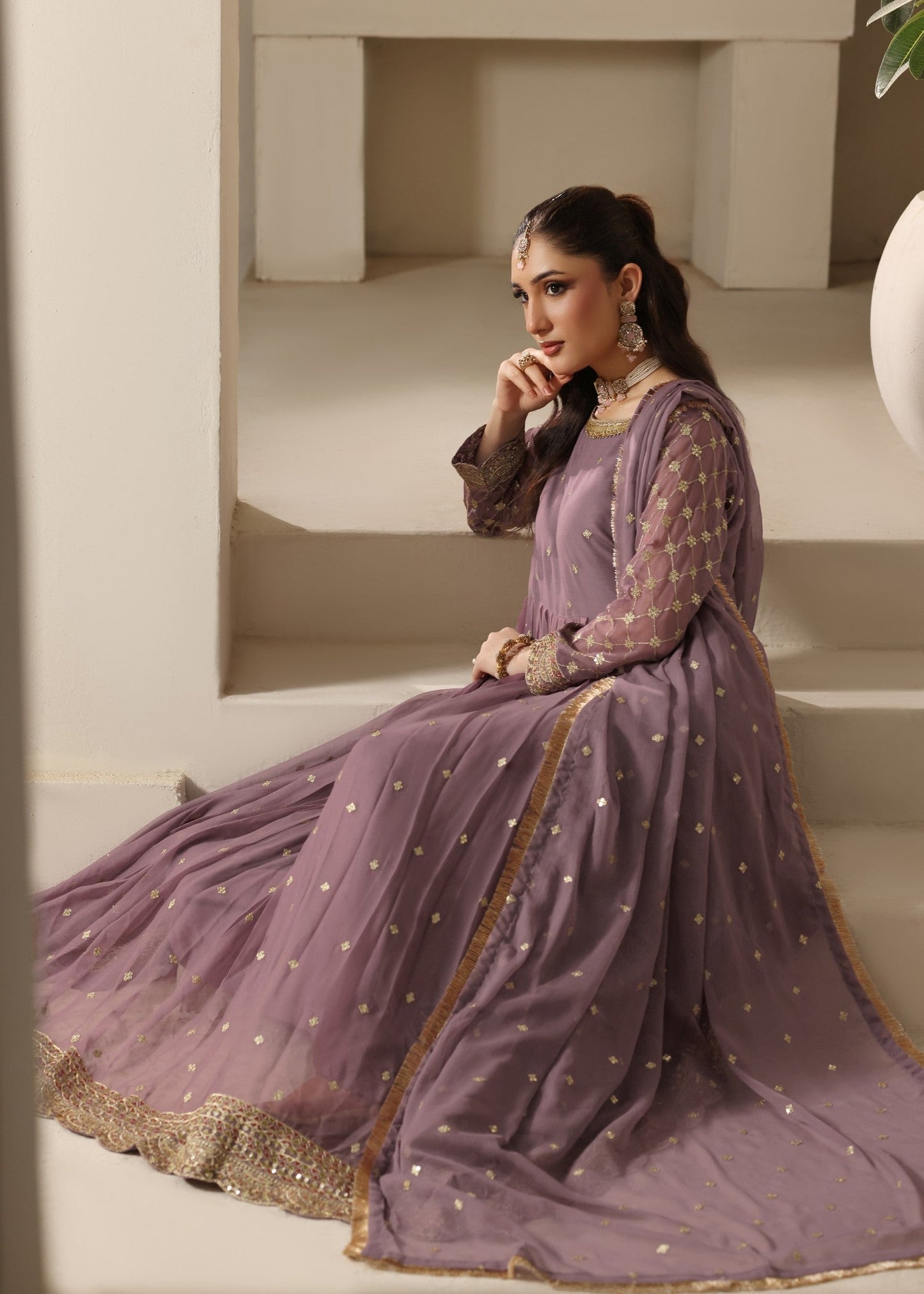 Mauve Embroidered Chiffon Flared Top and Straight Trouser Set Online in Dubai DXB UAE Abudhabi Meena Bazaar