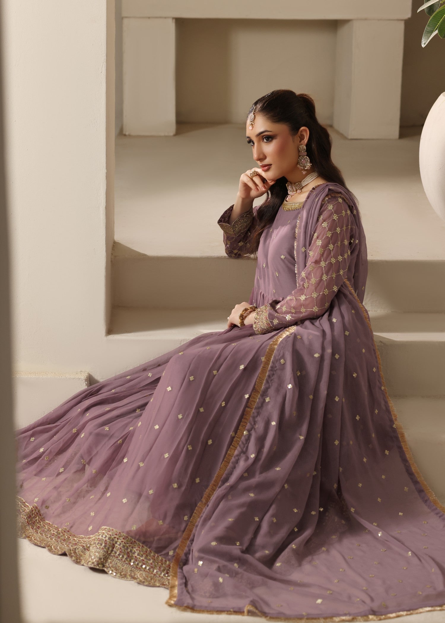 Mauve Embroidered Chiffon Flared Top and Straight Trouser Set Online in Dubai DXB UAE Abudhabi Meena Bazaar