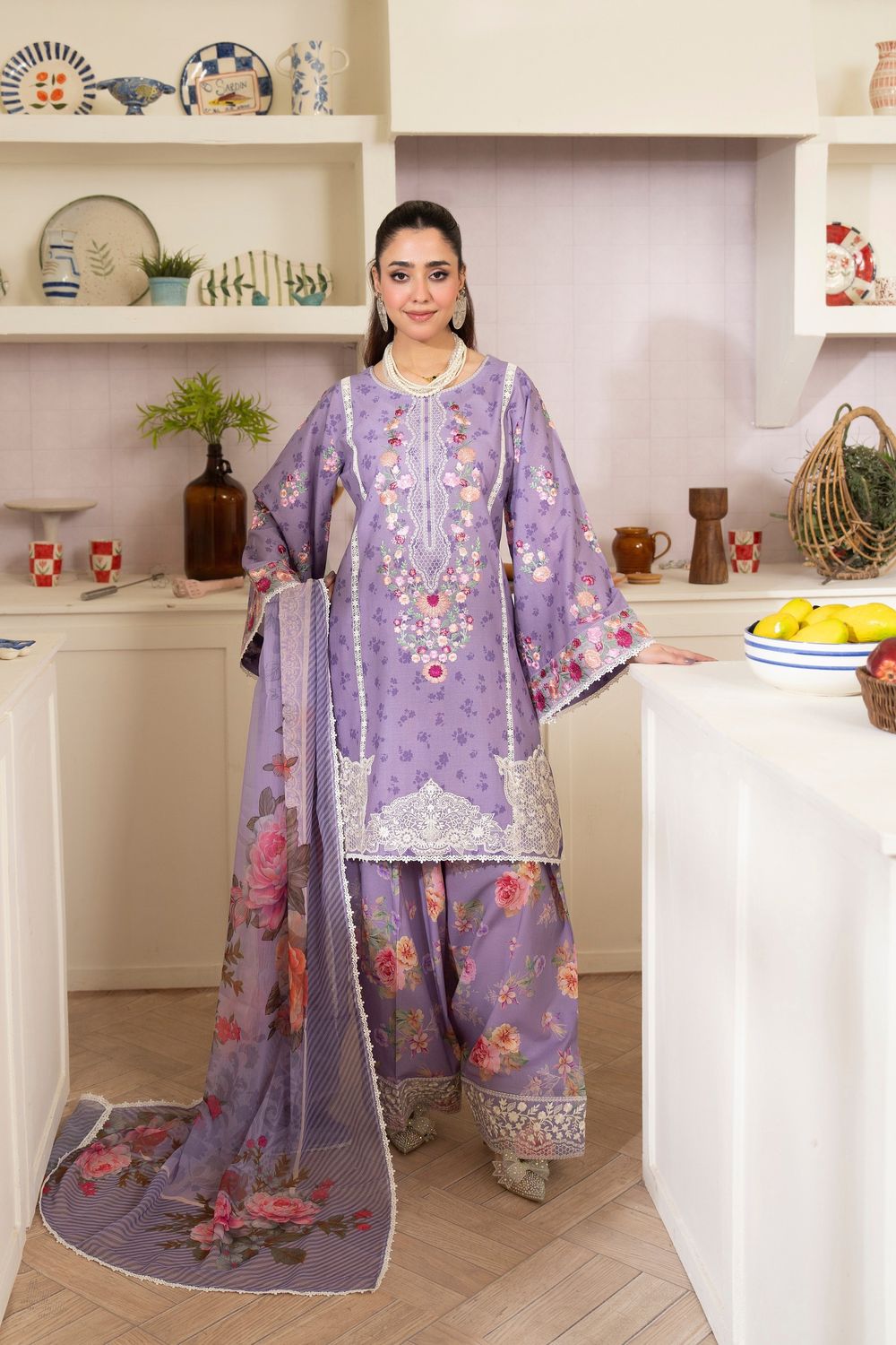 Mauve Embroidered Lawn Farshi Shalwar Suit Online in Dubai UAE Abudhabi Ajman Sharjah