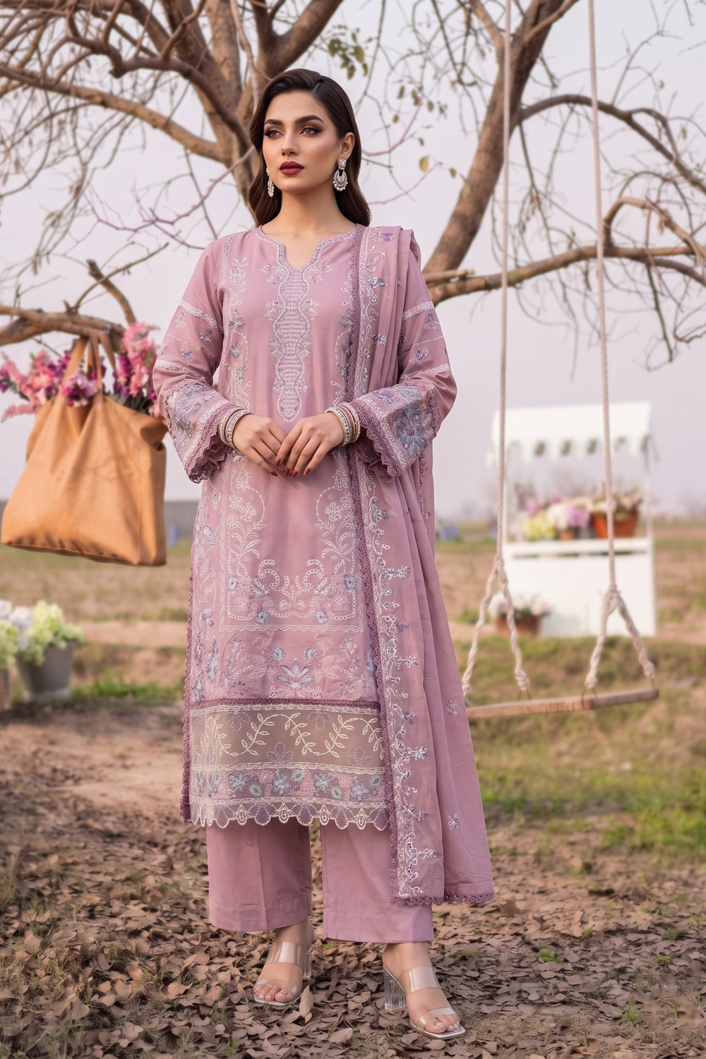 Mauve Embroidered Lawn Festive Suit Online in Dubai UAE Abudhabi Ajman Sharjah