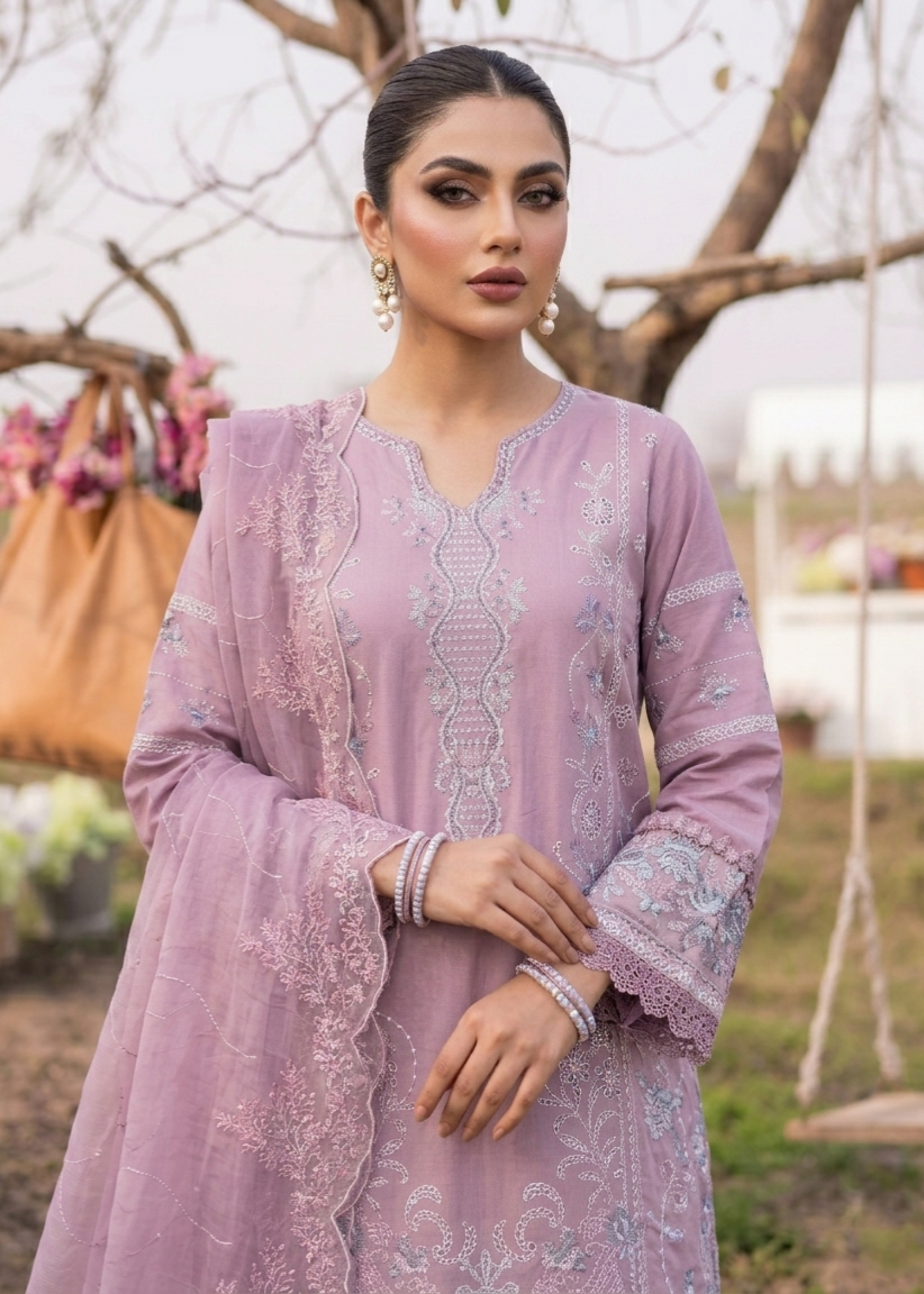 Mauve Embroidered Lawn Kurta Suit Online in Dubai UAE Abudhabi Ajman Sharjah