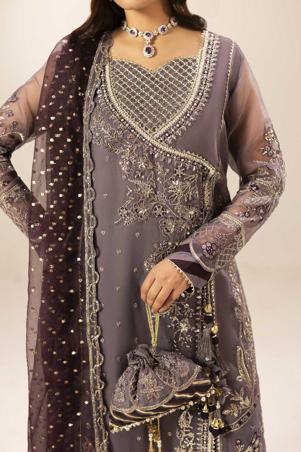 Mauve Embroidered Organza Angrakha Sharara with Potli Online in Dubai DXB UAE Abudhabi Meena Bazaar