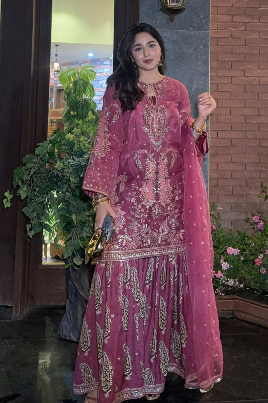 Mauve Embroidered Organza Gharara Salwar Kameez Online in Dubai UAE Abudhabi Ajman Sharjah